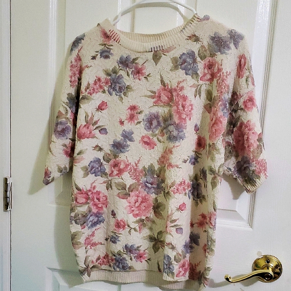 United States Sweaters Retro Y2K Cream Floral Grandma Textured Knit Sweater L